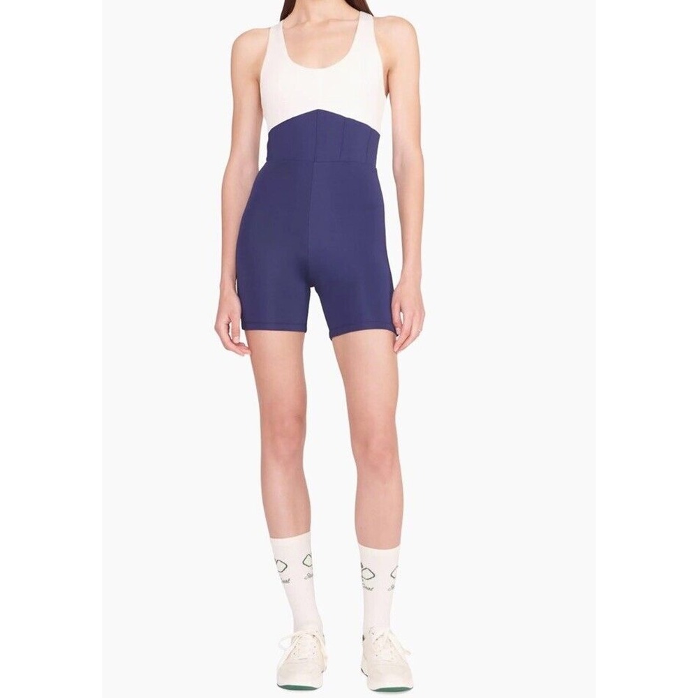 STAUD COURT Bounce‎ Two-Tone Short Unitard White Navy Size Large Saks Exclusive